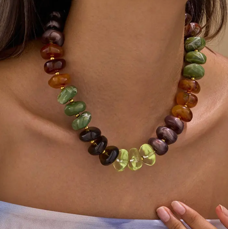 Fall Beaded Necklace - Green multi