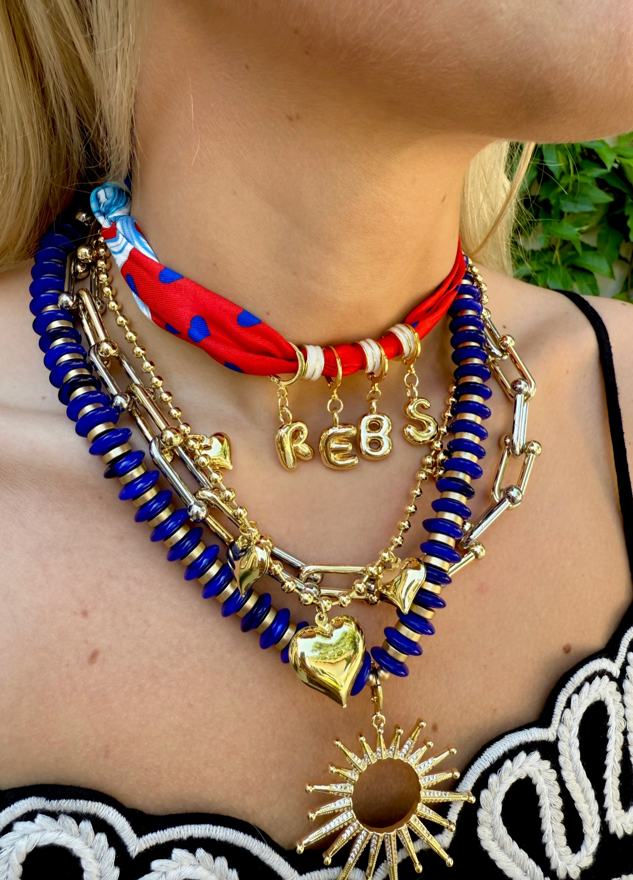 Gemelli Roxie Trinity Blue Beaded Necklace with Open Sun Charm