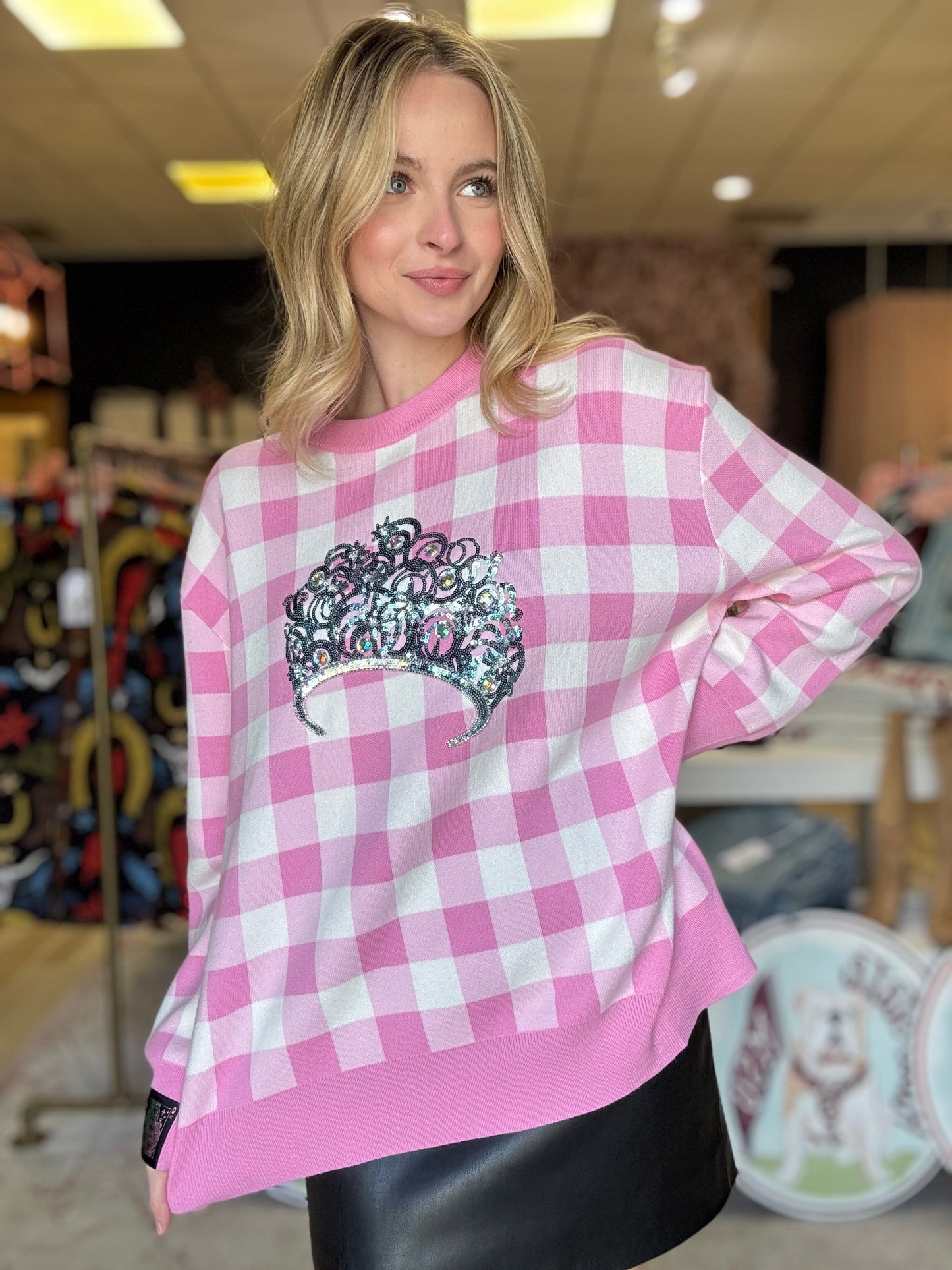 Queen of Sparkles Licensed Pink Gingham Glinda Crown Sweater