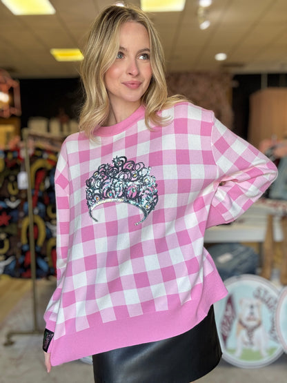 Queen of Sparkles Licensed Pink Gingham Glinda Crown Sweater