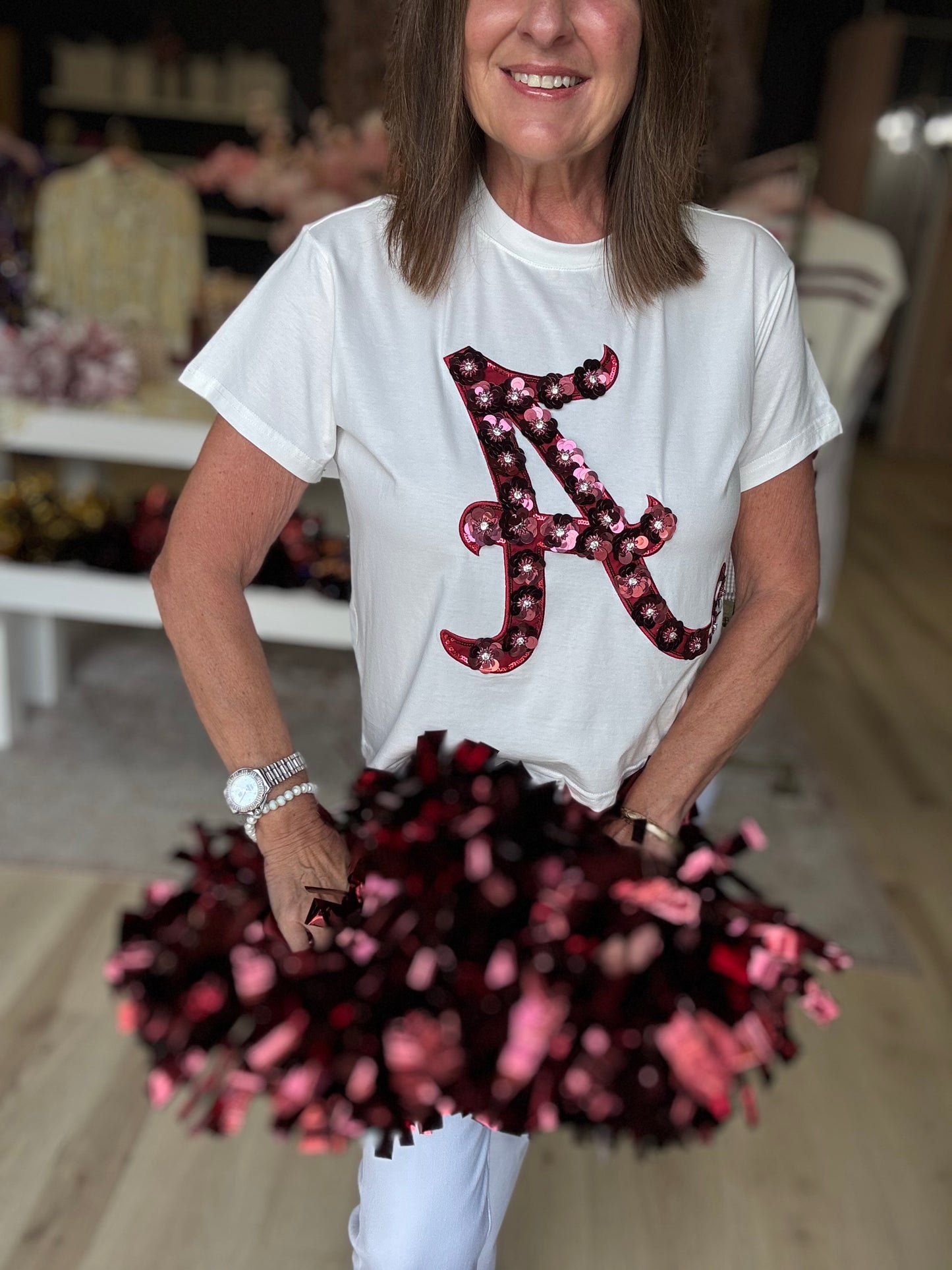 Queen of Sparkles Licensed Alabama Mascot Sequin Flower Tee