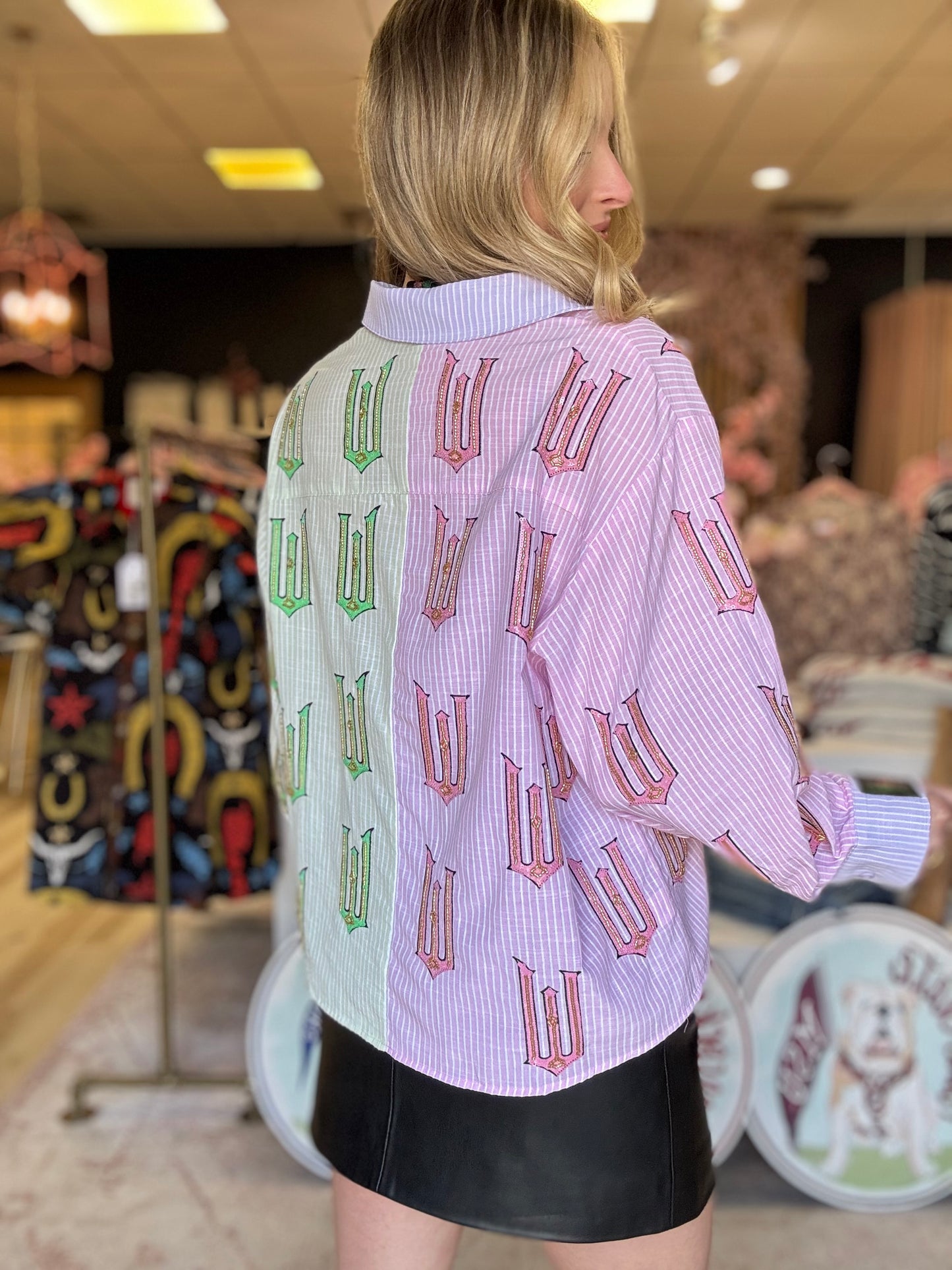 Queen of Sparkles Licensed Green, Pink, and Lavender Wicked Cotton Button Up