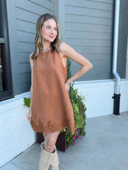 Sleeveless Suede Shift Dress in Camel