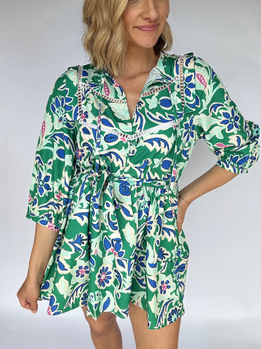 Green Floral Long Sleeve Belted Dress