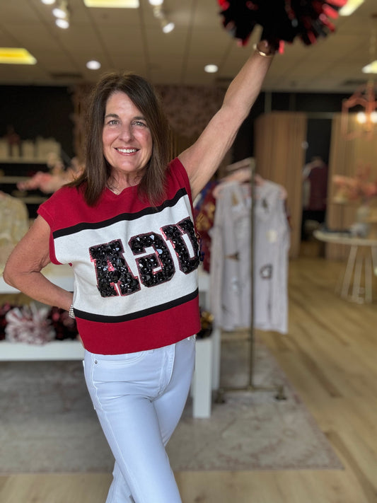 Queen of Sparkles Licensed UGA Colorblock Jewel Letter Short Sleeve Sweater