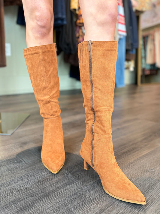 Jamie Kitten Heel Boot in Tan Suede