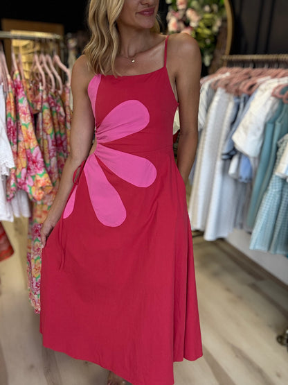 Floral Cut Out Dress - Pink/Red