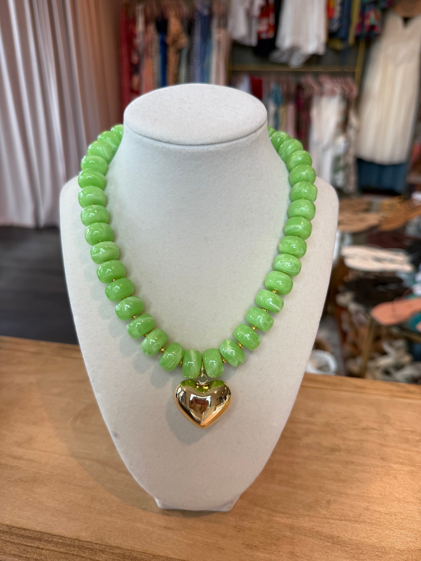 Colorful Beaded Heart Necklace in Mocha Green