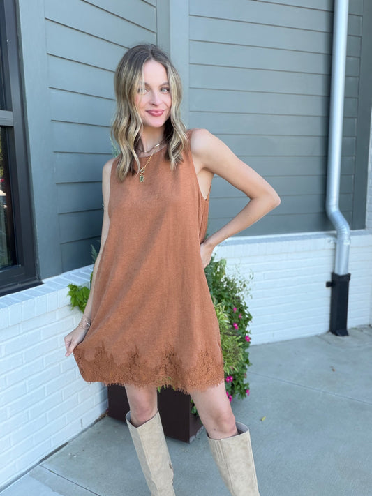 Sleeveless Suede Shift Dress in Camel