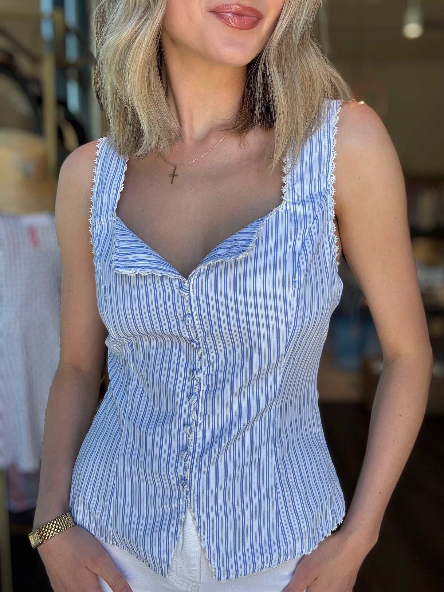 Isa Pin Stripe Lace Trim Vest