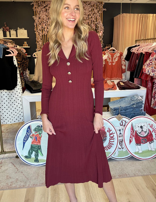 French Connection Crinkle Knit LS Maxi Dress in Cabernet