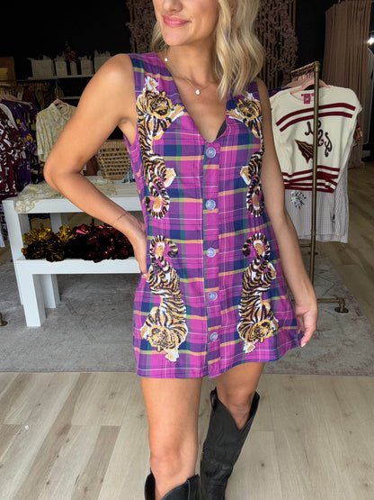 Queen of Sparkles Bright Purple Plaid Crawling Tiger Button Tank Dress
