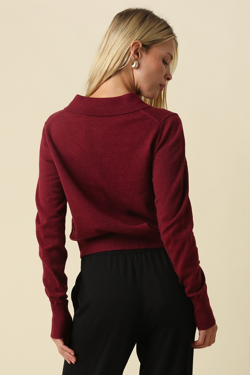 Eloise Collared Knit Cardigan in Burgundy