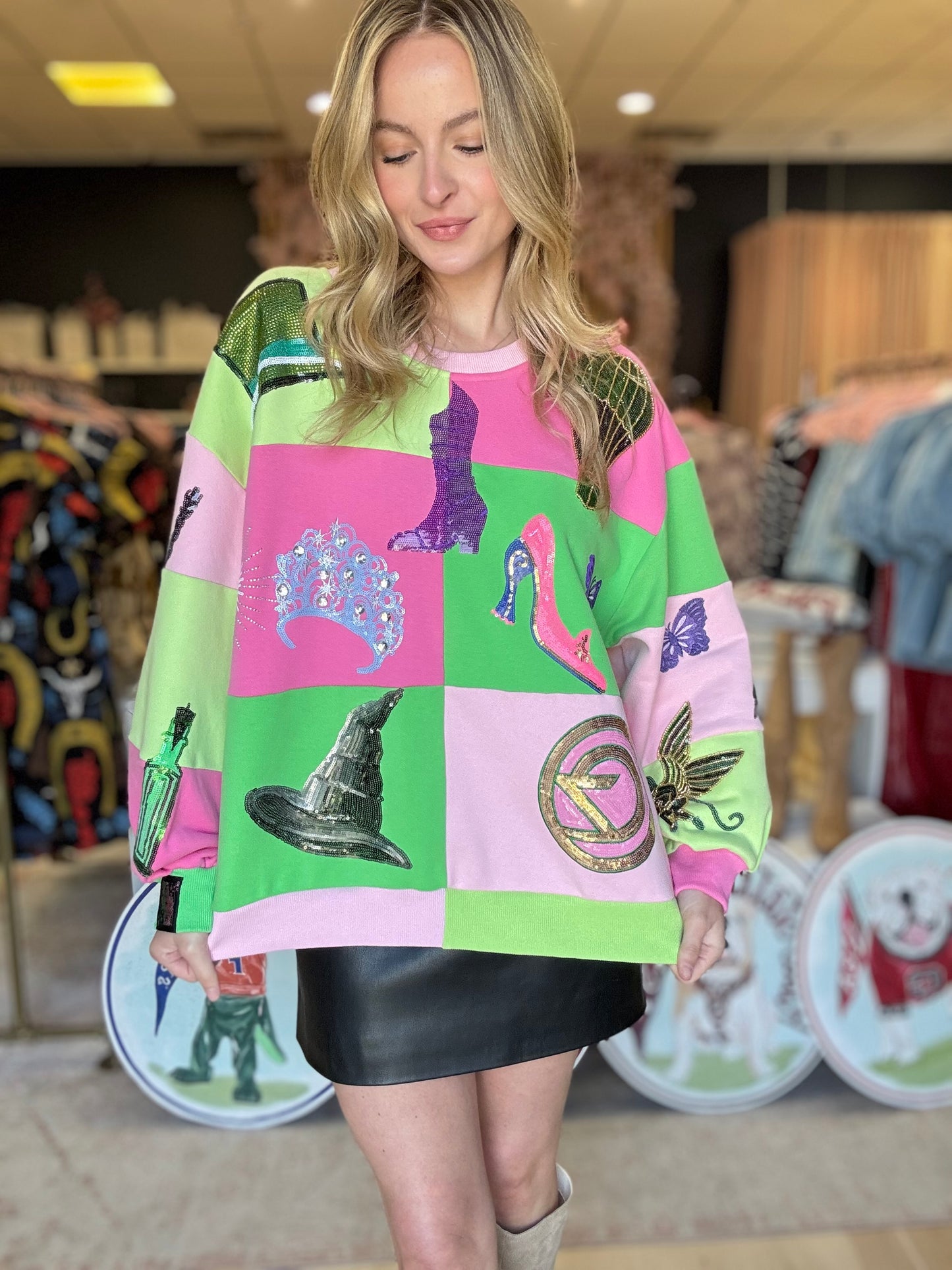 Queen of Sparkles Licensed Lavender, Pink, and Green Checkered Wicked Sweatshirt
