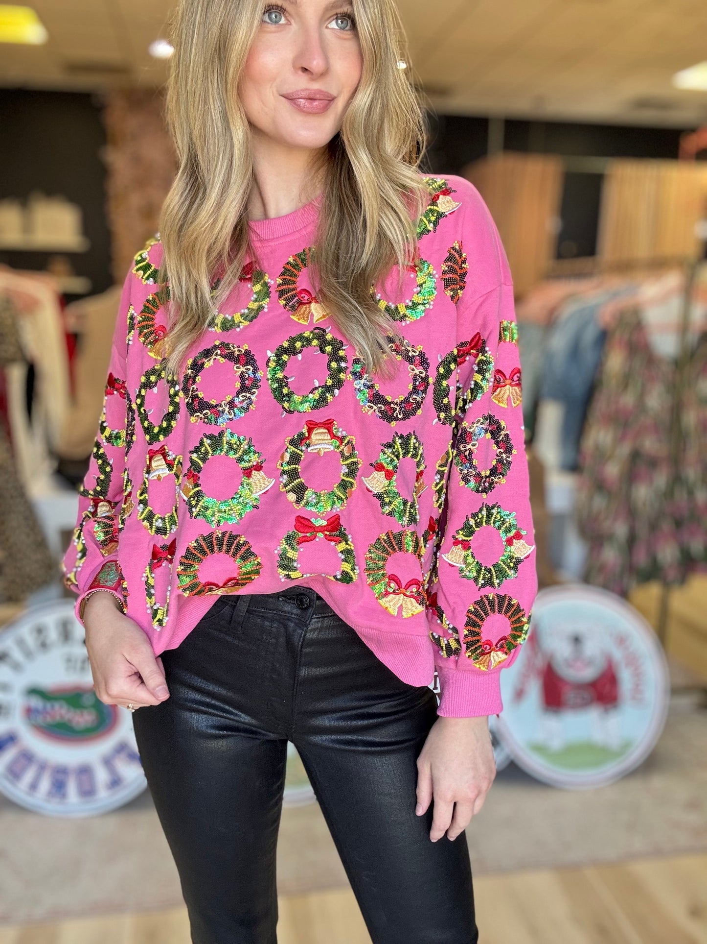 Queen of Sparkles Hot Pink Wreath Christmas Sweatshirt