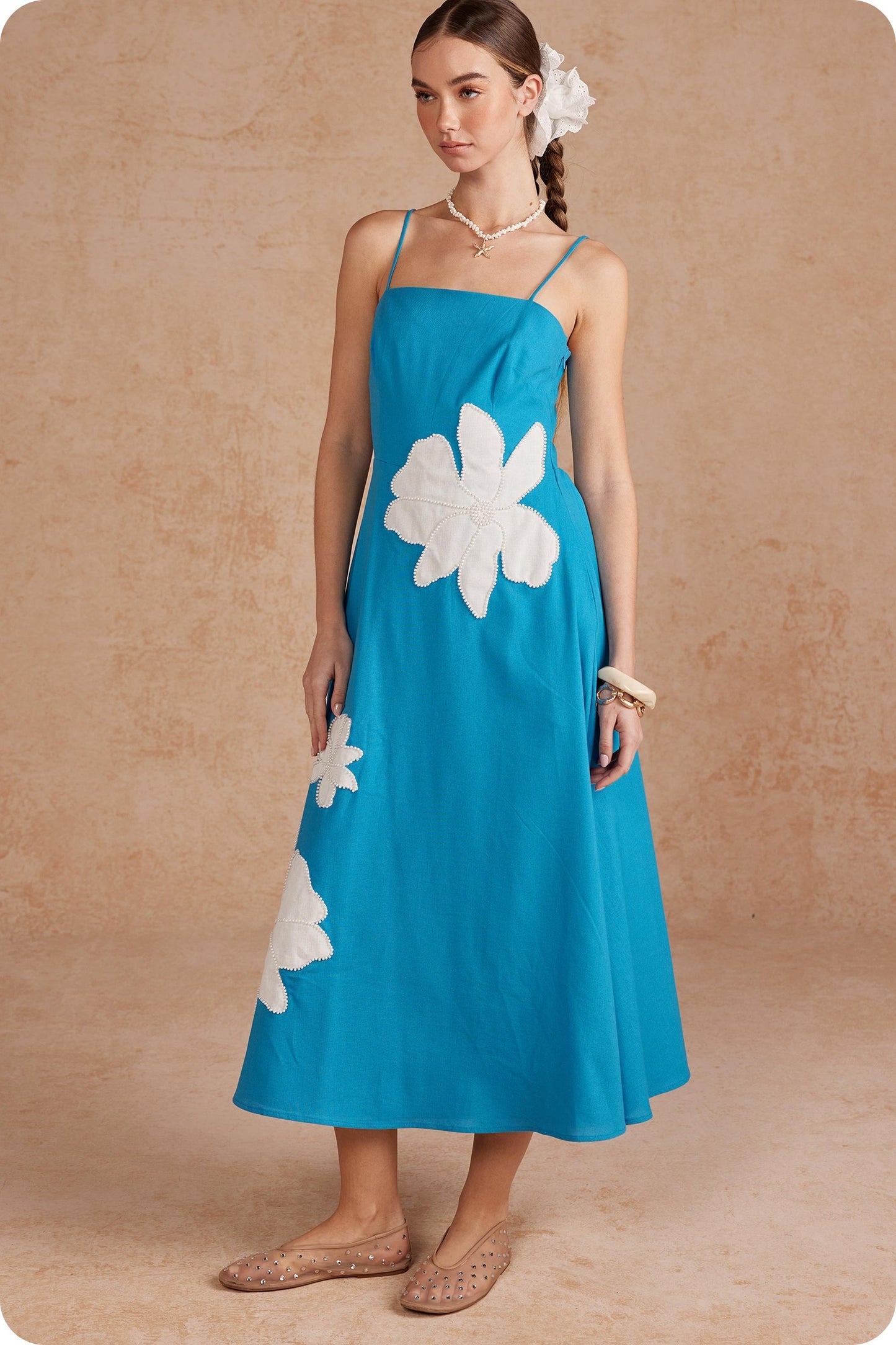 Floral Pearl Applique Cutout Back Midi Dress