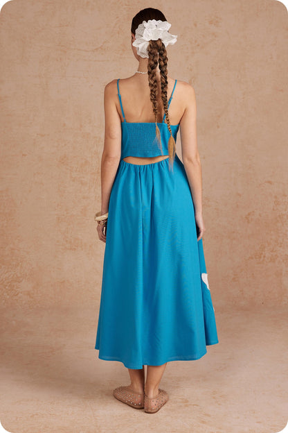 Floral Pearl Applique Cutout Back Midi Dress