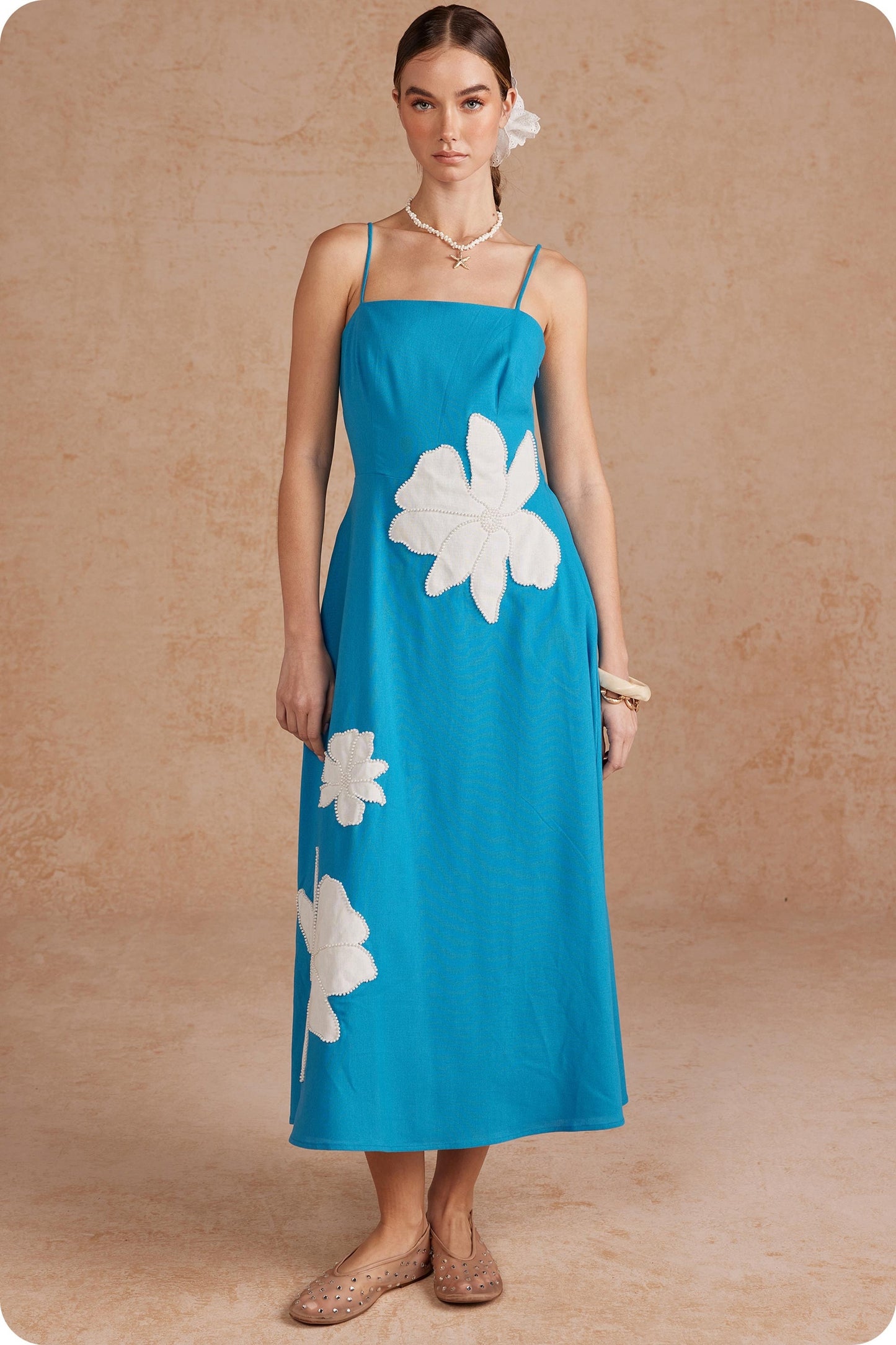 Floral Pearl Applique Cutout Back Midi Dress