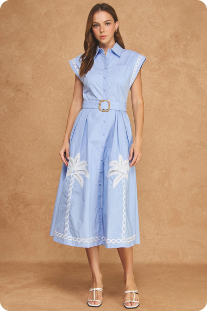 Palm Tree Embroidered Belted Midi Dress