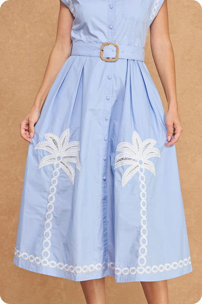 Palm Tree Embroidered Belted Midi Dress