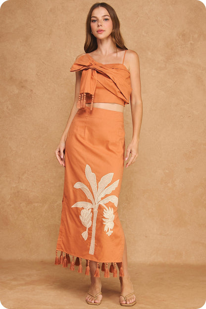Tropical Palm Embroidered Tie-shoulder Tassel Linen Set in Terracotta
