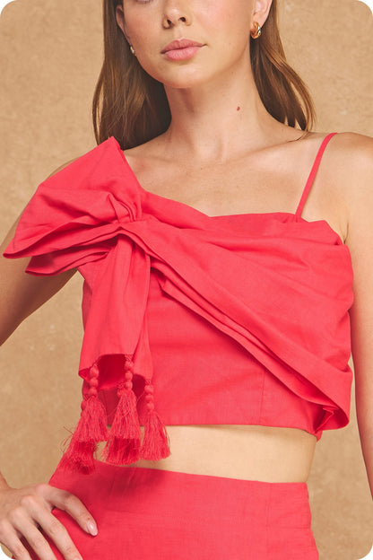 Tropical Palm Embroidered Tie-shoulder Tassel Linen Set in Red