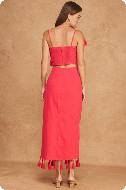 Tropical Palm Embroidered Tie-shoulder Tassel Linen Set in Red