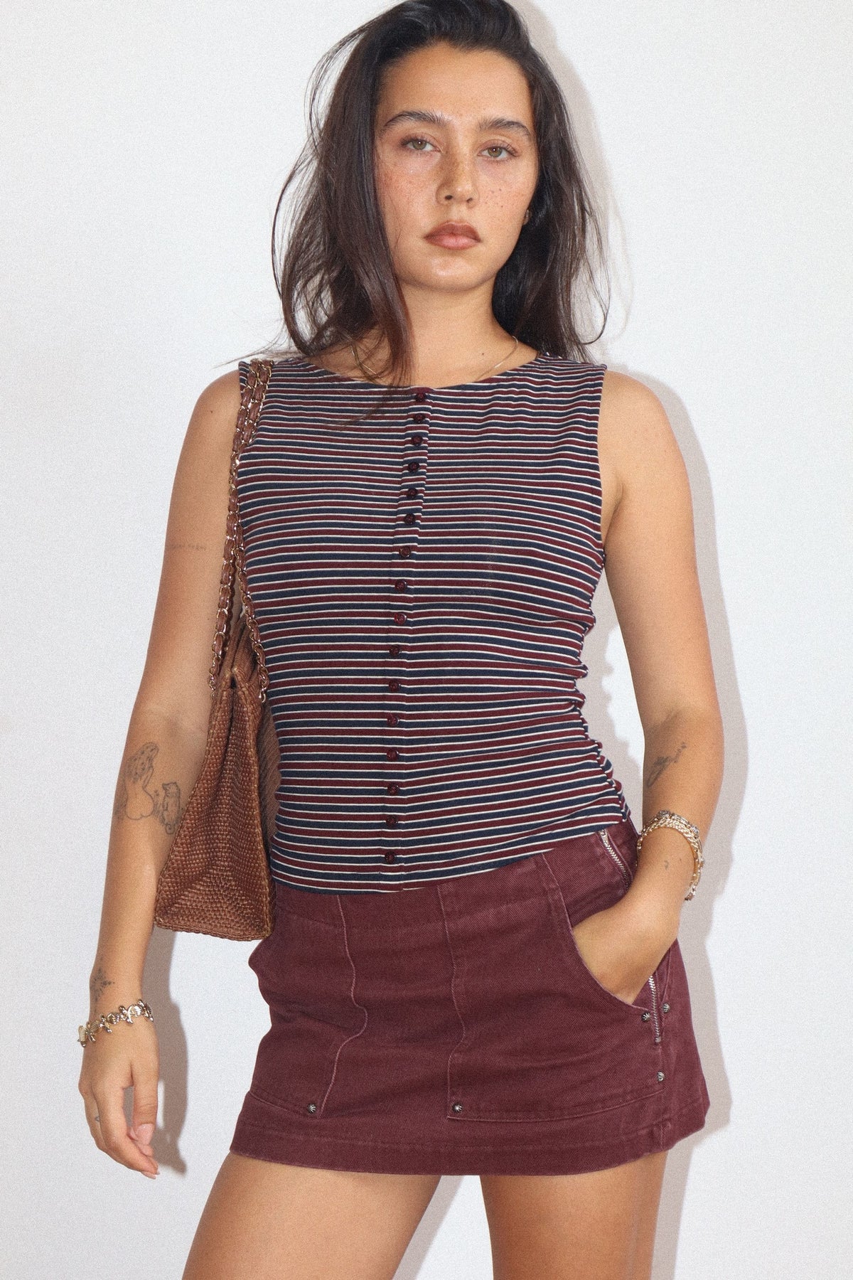 Striped Button Front Tank in Burgundy