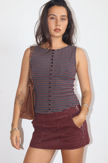 Striped Button Front Tank in Burgundy