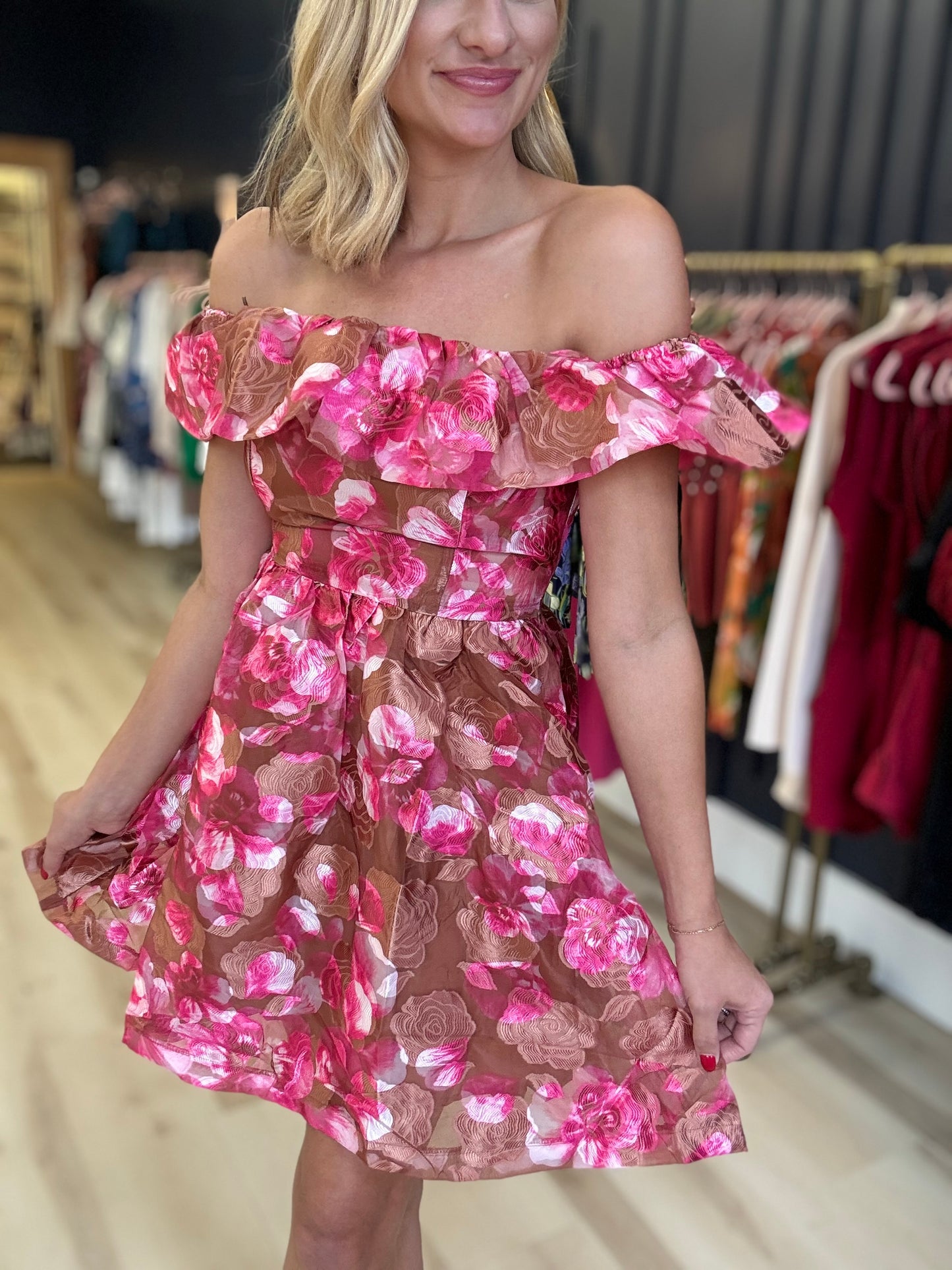 Mersin Floral Off the Shoulder Mini Dress