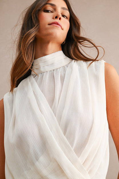 Chiffon Sleeveless Draped Top In Cream