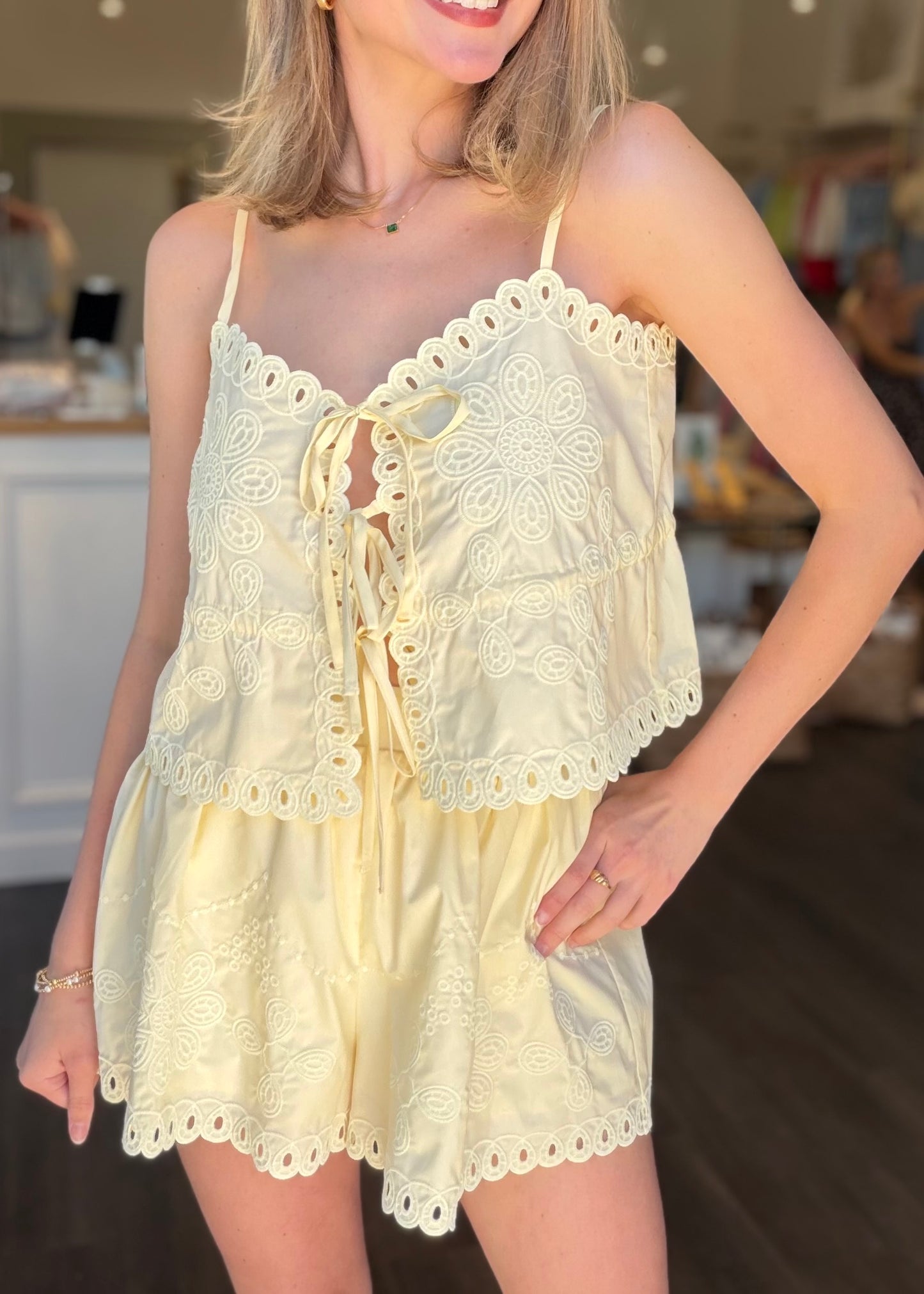 Scallop Embroidered Cami and Short set in Lemon