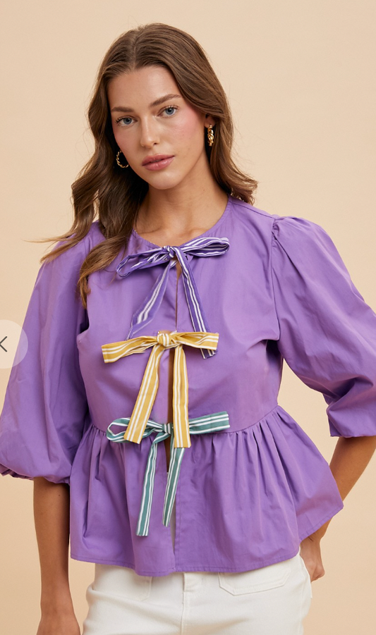 Contrast Bow Mardi Gras Top (preorder)