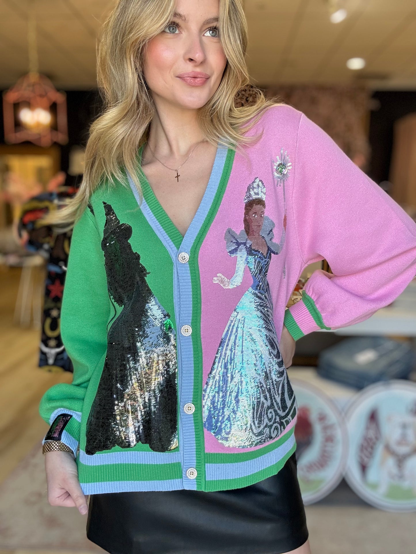 Queen of Sparkles Licensed Colorblock Glinda and Elphaba Button Up Cardigan