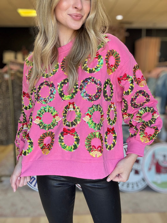 Queen of Sparkles Hot Pink Wreath Christmas Sweatshirt