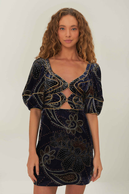 Floral Glam Scarf Blue Velvet Mini Dress by FARM Rio