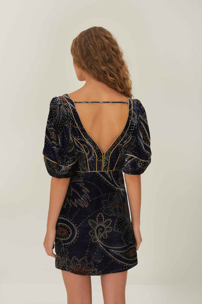 Floral Glam Scarf Blue Velvet Mini Dress by FARM Rio