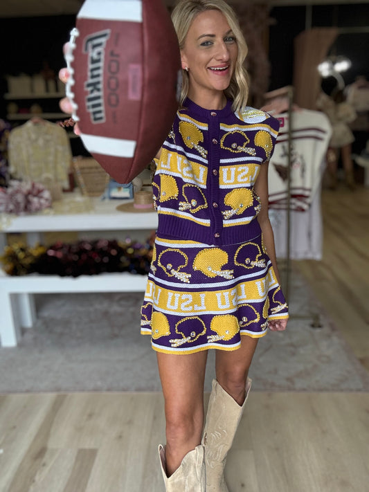 Queen of Sparkles Licensed LSU Vintage Football Helmet Stripe Skirt