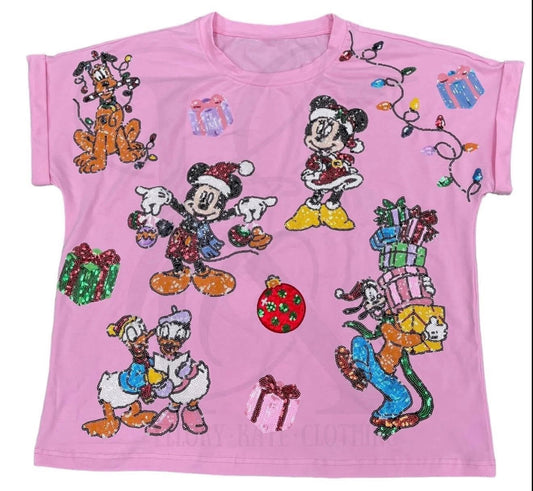 Mickey Pink Christmas Sequin Tee (preorder)