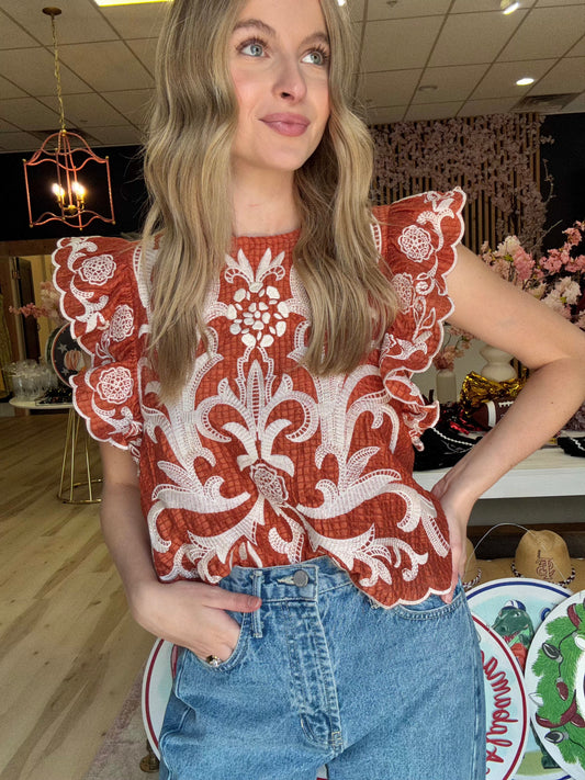 Embroidered Ruffle Sleeve Top