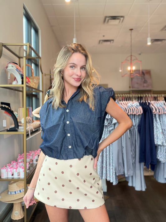 THML Denim Bubble Hem Top