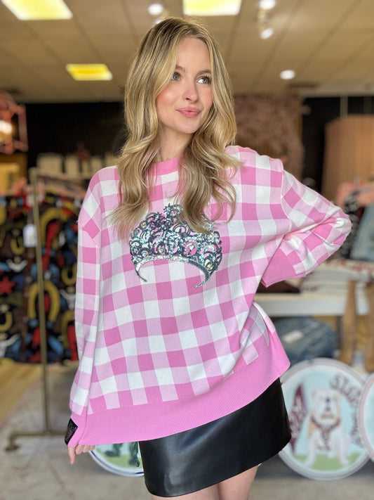 Queen of Sparkles Licensed Pink Gingham Glinda Crown Sweater