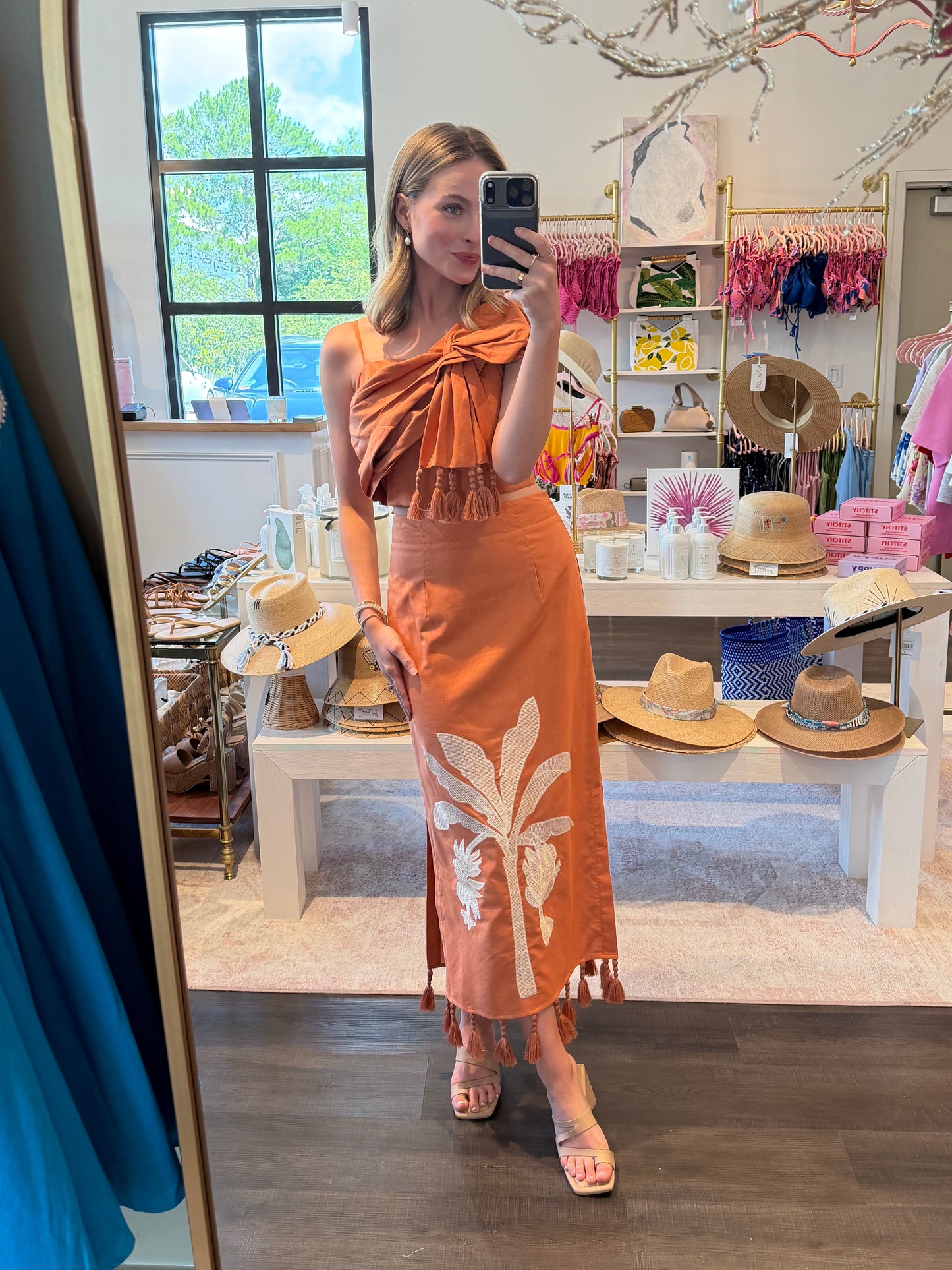 Tropical Palm Embroidered Tie-shoulder Tassel Linen Set in Terracotta