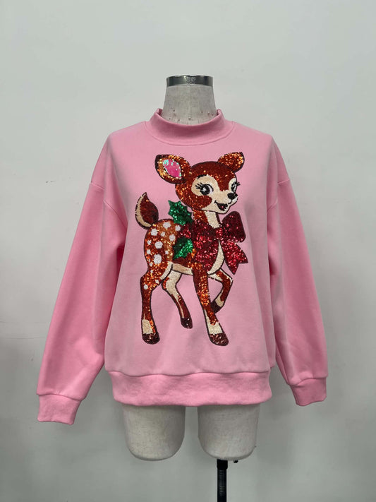 Christmas Mockneck Sequin Deer Sweatshirt Mom + Me (PREORDER)