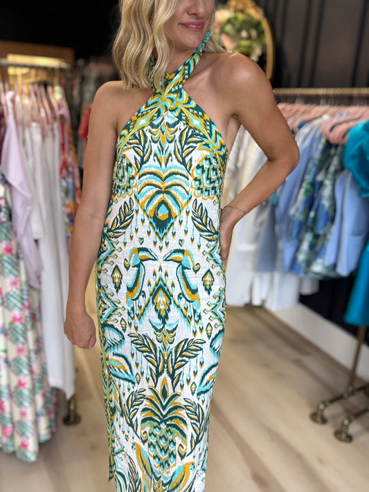 Farm Rio Tropical Tapestry Off-White Halter Neck Maxi Dress