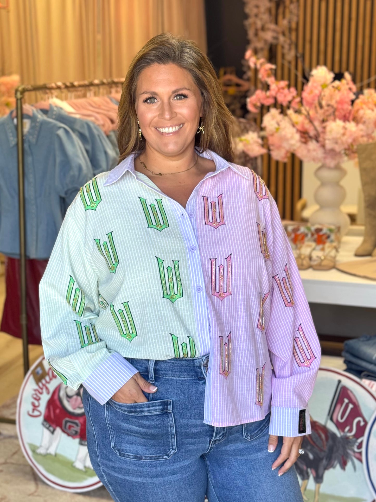 Queen of Sparkles Licensed Green, Pink, and Lavender Wicked Cotton Button Up