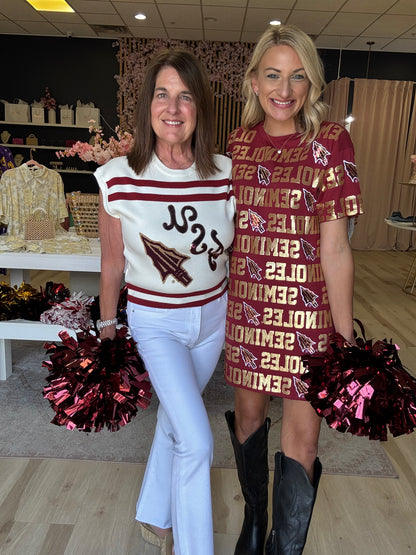 Queen of Sparkles Licensed-Maroon & Gold 'FSU' Striped Short Sleeve Top