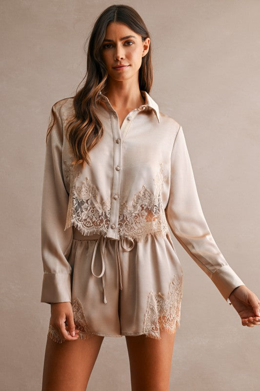 Light Mocha Lace Detail Short Set