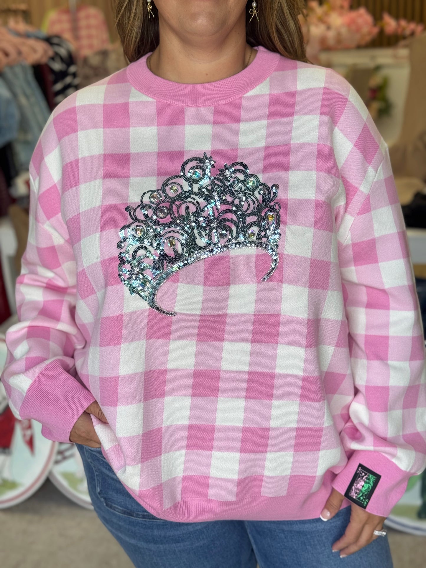 Queen of Sparkles Licensed Pink Gingham Glinda Crown Sweater