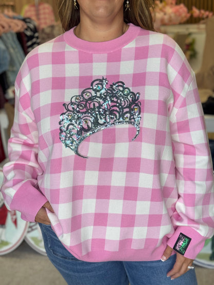 Queen of Sparkles Licensed Pink Gingham Glinda Crown Sweater